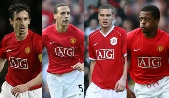 Đội hình MU 2008 - Đội hình huyền thoại của Sir Alex Ferguson Hậu vệ: Rio Ferdinand, Nemanja Vidic, Patrice Evra, Gary Neville